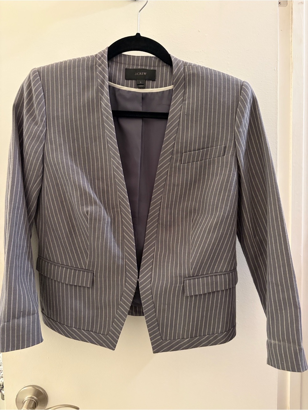 J. Crew Tailored Gray Pinstripe Collarless Buttonless Blazer sz2